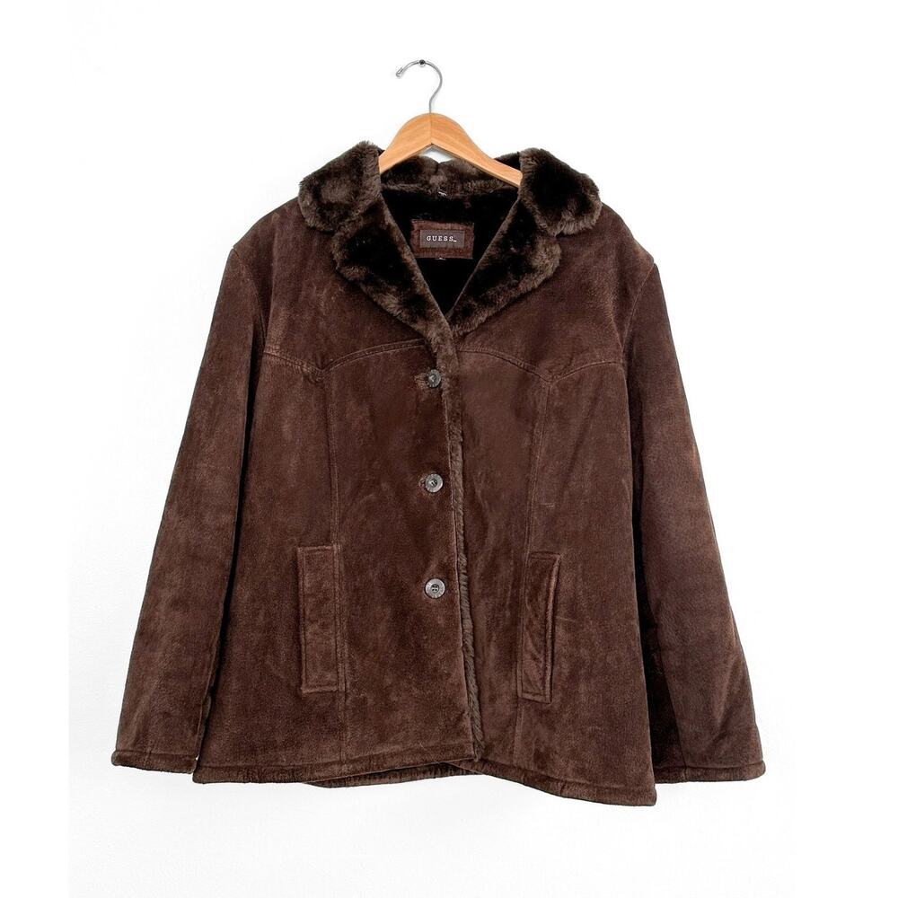 Vintage 90s 00s Guess Chocolate Brown Suede Leather Faux Fur Winter Coat large - Picture 1 of 7